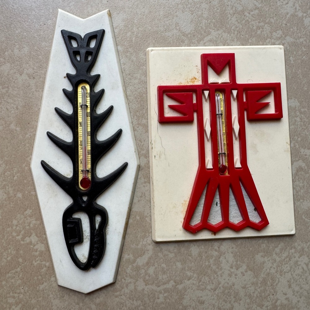Vintage St. Labre Indian School Thermometers Thunderbird Fish Red Black White
